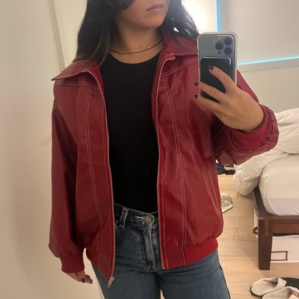 Winthra red faux leather bomber jacket